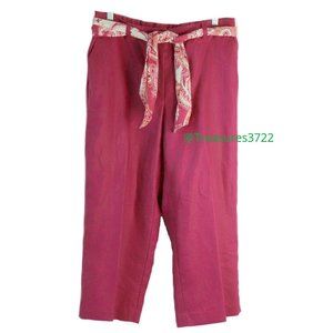 Liz Clairborne Linen Capri Pants Size 10 Pink Red Audra Sash Belt